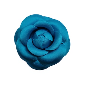 M&S Schmalberg 3&quot; Turquoise Classic Camellia Brooch Pin Silk Fabric Flower Pin Made in USA