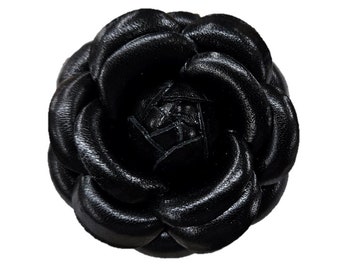 M&S Schmalberg 3.25" Larger Classic Camellia - Black Leather Camellia Flower Brooch Pin