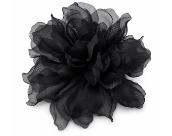 M&S Schmalberg 4.5" Black Flower Gardenia Flower Silk Organza Millinery Fabric Flower Brooch Pin