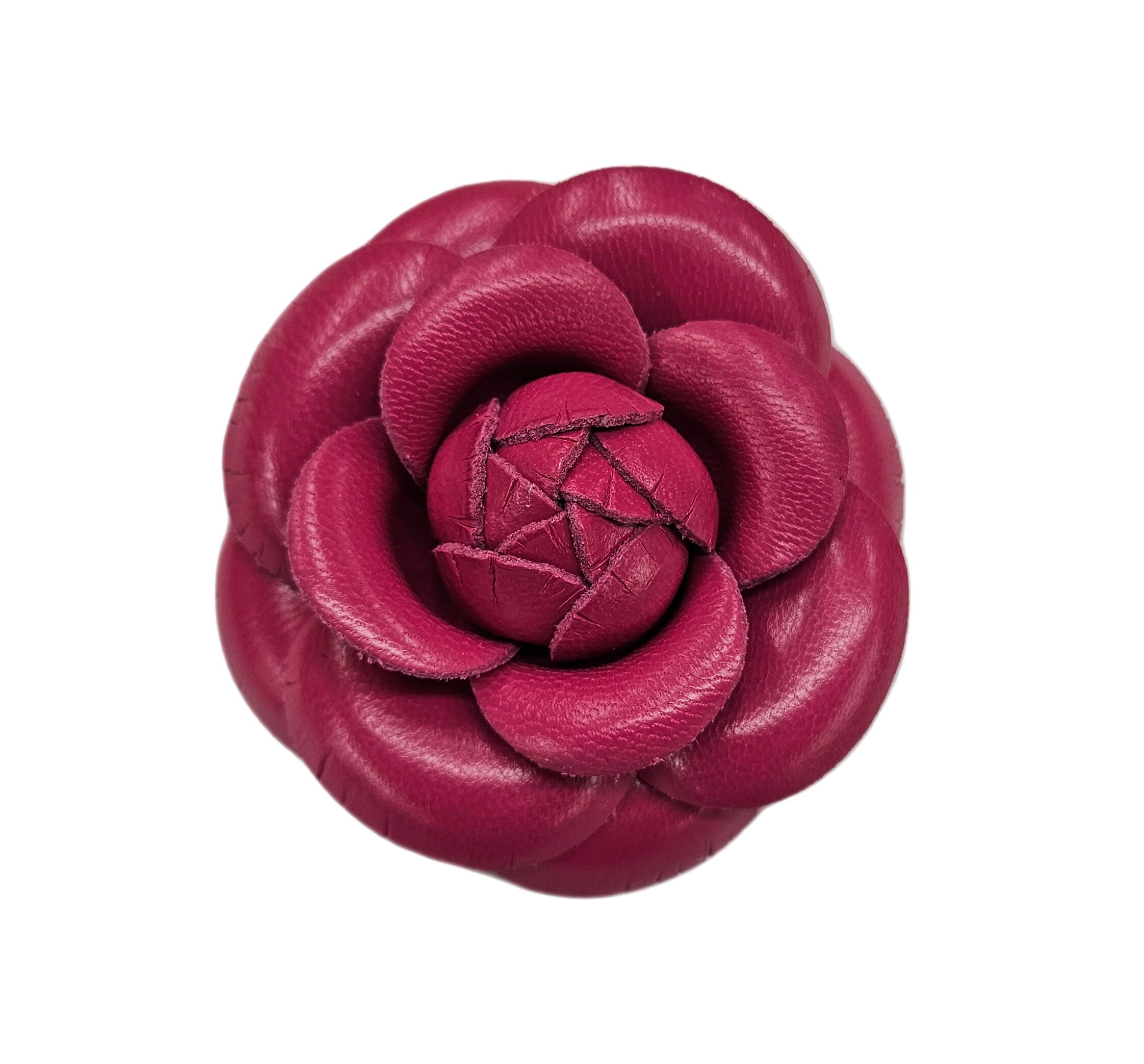 M&S Schmalberg 3" Classic Camellia - Royal Fuchsia Pink Leather Camellia Flower Brooch Pin