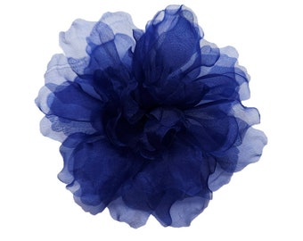 M&S Schmalberg 4.5" Blue Deep Royal Flower Gardenia Flower Silk Organza Millinery Fabric Flower Brooch Pin
