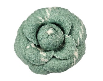 M&S Schmalberg 3" Sage Green and White Wool Tweed Camellia Fabric Flower Brooch Pin