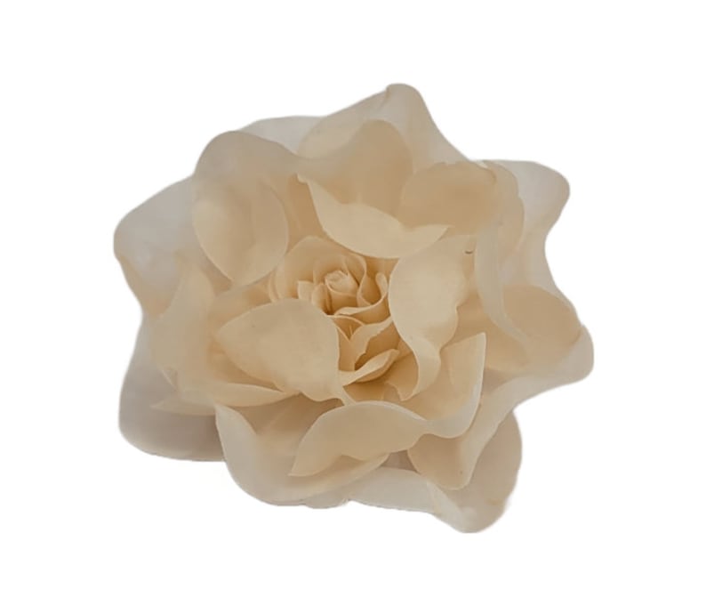 May include: A large, cream-colored paper flower with multiple layers of petals.