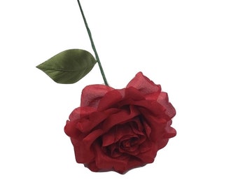 Valentine's Day Flowers - Red Silk Rose On Long Stem.  100% Silk, Hand-Made in NYC