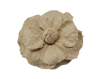 M&S Schmalberg 5" Natural Raffia Camellia w Frayed Edges Millinery Fabric Flower Brooch Pin