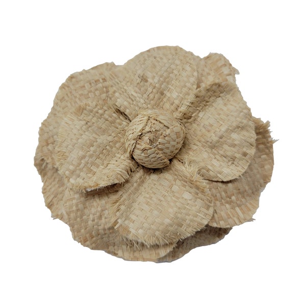 M&S Schmalberg 5" Natural Raffia Camellia w Frayed Edges Millinery Fabric Flower Brooch Pin