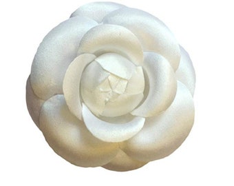 M&S Schmalberg 3" Classic Camellia Brooch Pin Silk Fabric Flower Pin White Made in USA