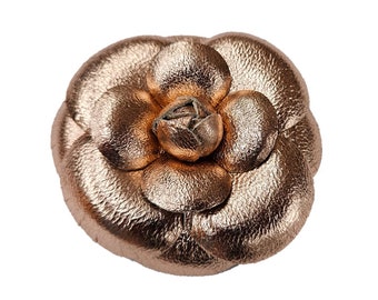 M&S Schmalberg 3" Classic Camellia - Rose Gold Metallic Leather Camellia Flower Brooch Pin