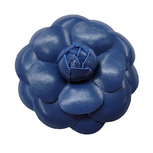 M&S Schmalberg 4" Large Blue Leather Camellia Flower Brooch Lapel Pin - Handmade in USA