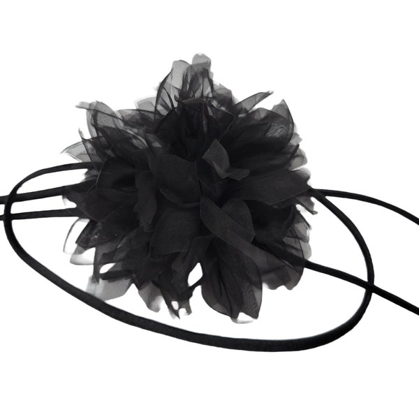 M&S Schmalberg 4" Silk Organza Black Flower Rose Choker Necklace Chrysanthemum - Made in USA