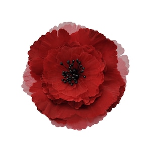 M&S Schmalberg 5 inch Poppy Silk Fabric Flower Pin Brooch Flower. Red Satin Poppy Poppies Hand-Made in New York&#39;s Garment Center