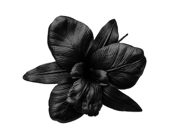 M&S Schmalberg 6" Black Leather Orchid Flower Brooch Pin