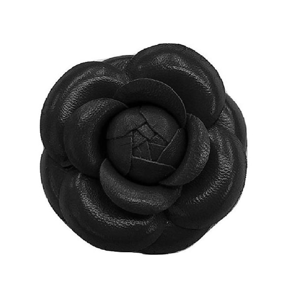 3" Classic Black Leather Camellia Brooch Flower Pin