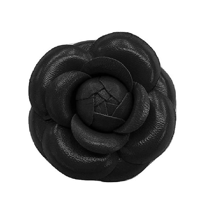 3 Classic Black Leather Camellia Brooch Flower Pin 
