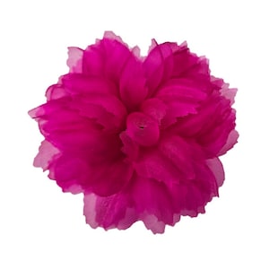 Può includere: Un grande fiore di tessuto rosa brillante con una texture arricciata. Il fiore è fatto di un materiale morbido e trasparente e ha un aspetto delicato e femminile.