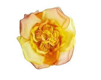 M&S Schmalberg Large 6" Yellow + Orange Multi Color Hand-Dyed Silk Peony Millinery Fabric Flower Brooch Pin