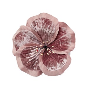 M&S Schmalberg 6" Veludo e Algodão/Seda Tipo Sobreposição Hibisco Rosa com sementes de estame floral vintage Broche de Flor - Feito nos EUA