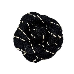 M&S Schmalberg 3" Black and Off White Wool Tweed Camellia Fabric Flower Brooch Pin