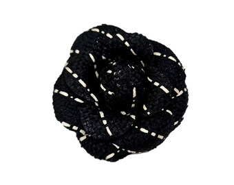 M&S Schmalberg 3" Black and Off White Wool Tweed Camellia Fabric Flower Brooch Pin