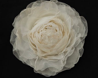 M&S Schmalberg 8" Cabbage Rose Large Light Ivory Off White Crinkle Silk Organza Chiffon  Flower Brooch Pin - Made in USA