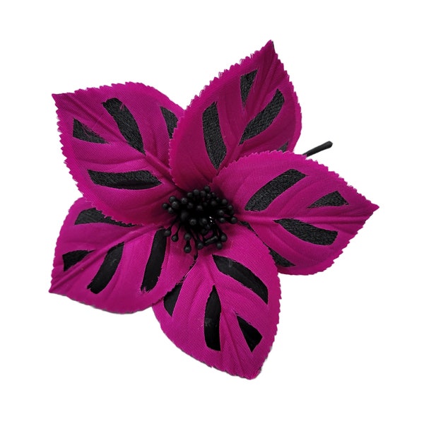 M&S Schmalberg 5" Magenta Fuchsia Pink and Black Silk Poinsettia Hibiscus Hybid Cut Out Millinery Flower Brooch Pin - Made in USA