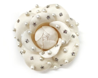 M&S Schmalberg 3" Ivory Silk Satin Camellia Brooch Embellished with Crystals Gems and Pearls Camellia Brooch Pin