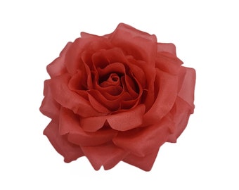 M&S Schmalberg 3.5" Vibrant Coral Silk Rose Flower Broche - Fabriqué aux États-Unis