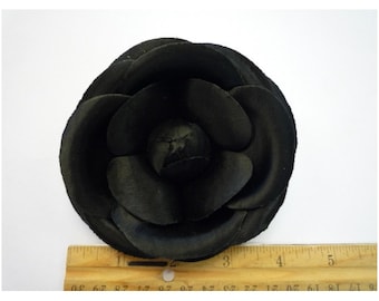M&S Schmalberg 4" Black Silk Satin Camellia Fabric Flower Pin Brooch - Made in USA
