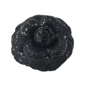 Chanel large black fabric camelia brooch - Vintage Lux