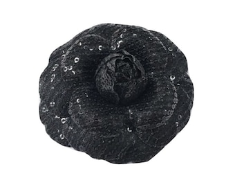 M&S Schmalberg 4" Black Sequin Camellia Fabric Flower Brooch Pin