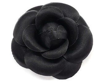 M&S Schmalberg 3" Black Satin Camellia Brooch Lapel Pin - Artificial Flower