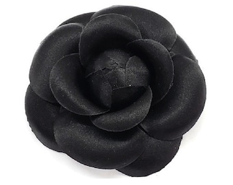 M&S Schmalberg 3&quot; Black Satin Camellia Brooch Lapel Pin - Artificial Flower