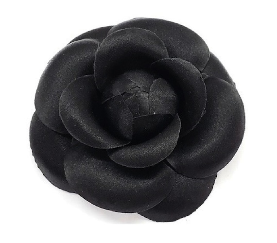 SchmalbergFlowersNYC M&S Schmalberg 3 Black Satin Camellia Brooch Lapel Pin - Artificial Flower