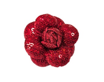 M&S Schmalberg 2" Red Sequin Camellia Fabric Flower Brooch Pin