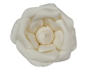 M&S Schmalberg 4" Light Ivory Off White Silk Satin Camellia Fabric Flower Pin Brooch - Made in USA