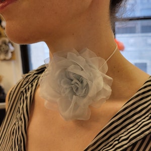 M&S Schmalberg 3.5&quot; Silk Organza Rose Light Blue Pastel Flower Choker Necklace - Made in USA