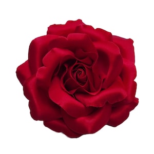 May include: A close-up of a vibrant red satin rose. The petals are tightly wound at the centre, gradually unfurling outwards. The rose is isolated against a white background, highlighting its rich colour and texture. The overall theme is floral.