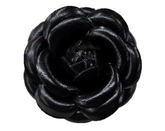 M&S Schmalberg 3.25" Larger Classic Camellia - Black Leather Camellia Flower Brooch Pin