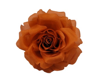 M&S Schmalberg 3.5" Pumpkin Orange Silk Rose Fabric Flower Artificial Brooch Pin - Made in USA