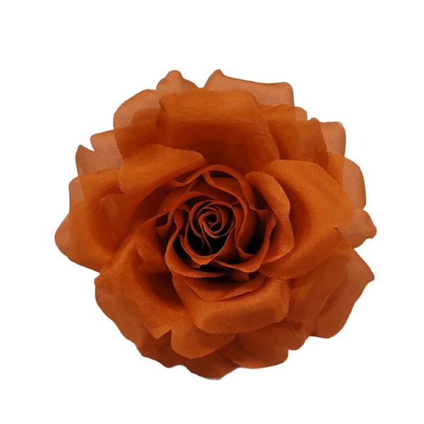 M&S Schmalberg 3.5" Pumpkin Orange Silk Rose Fabric Flower Artificial Brooch Pin - Made in USA