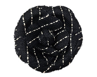 M&S Schmalberg 4" Black and White Wool Tweed Camellia Fabric Flower Brooch Pin