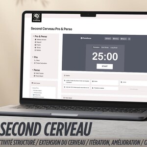 Peut inclure: Un ordinateur portable affichant un site web avec le texte "Second Cerveau Pro & Perso" et une minuterie réglée sur 25:00. Le site web comprend également un bouton intitulé "Démarrer". L'ordinateur portable est sur une surface brun clair.