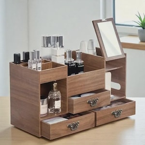 Large Capacity Makeup Organizer Box with Drawers, Mirror & Wood Finish, Multi-Layered Cosmetic Storage Stand