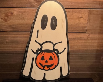Ghost with treat-or-treat pumpkin pail by October Road Designs