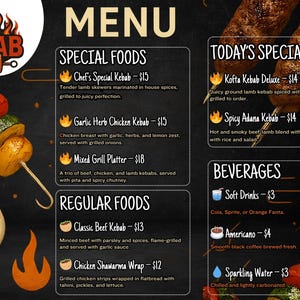 Plantilla de menú de restaurante de kebab / Menú de TV editable + imprimible en A4 / Menú Canva con más de 15 logotipos de kebab gratis / Shawarma, Halal, Grill