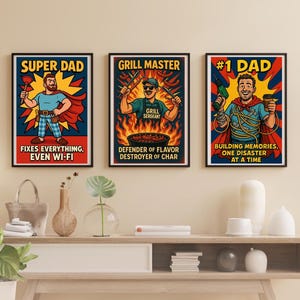 Funny Father&#39;s Day Comic Poster | Super Dad Wall Art | Grill Master | DIY Hero | Instant Download Printable Gift for Dad