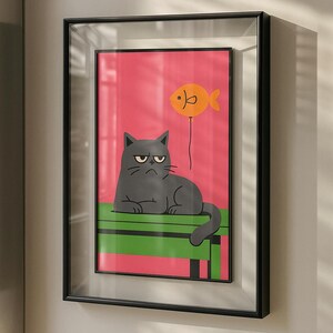 Grumpy Cat & Fish Balloon β Funny Cat Printable Wall Art, Minimalist Digital Download, Quirky Home Decor for Cat Lovers, Pet Humor Poster