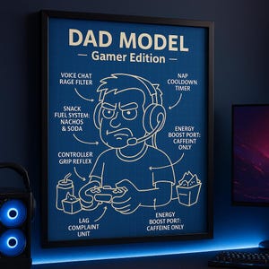 Gamer Dad Blueprint Poster | Funny Printable Gift for Father’s Day, Gaming Room Wall Art | Instant Download