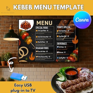 Plantilla de menú de restaurante de kebab / Menú de TV editable + imprimible en A4 / Menú Canva con más de 15 logotipos de kebab gratis / Shawarma, Halal, Grill