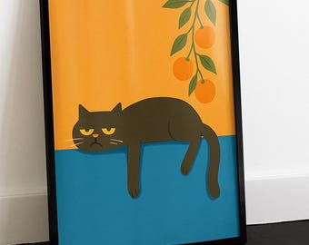 Funny Black Cat Art Print: Lazy Cat & Oranges (Digital Download